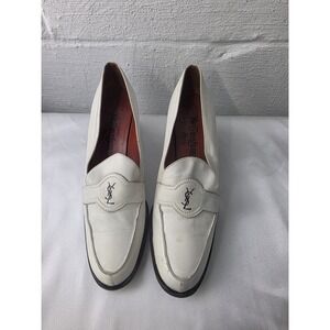 Vintage Yves Saint Laurent YSL White Leather Heels Shoes Block heel Sz 10N Italy